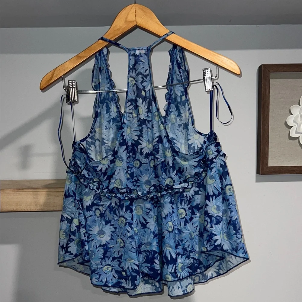 Free people Fearless Knit Tank Blue Floral Ruffle Halter Tank Top - Picture 3 of 7